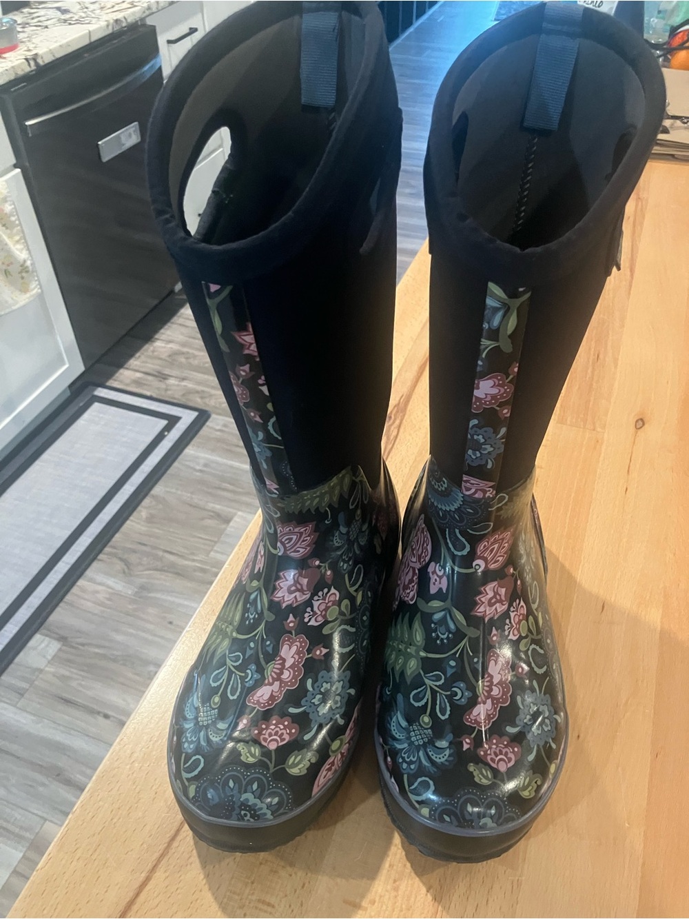 Bogs Black Floral Tall Winter Rain Boots
